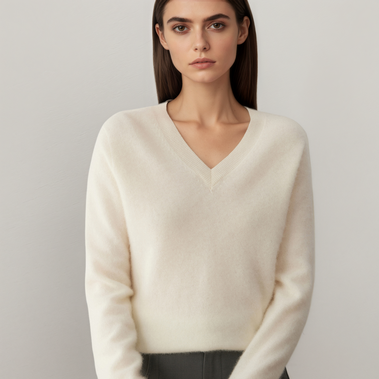 Women's V-Neck Long Sleeve Cashmere Sweater | Versatile Knit Top REAL SILK LIFE