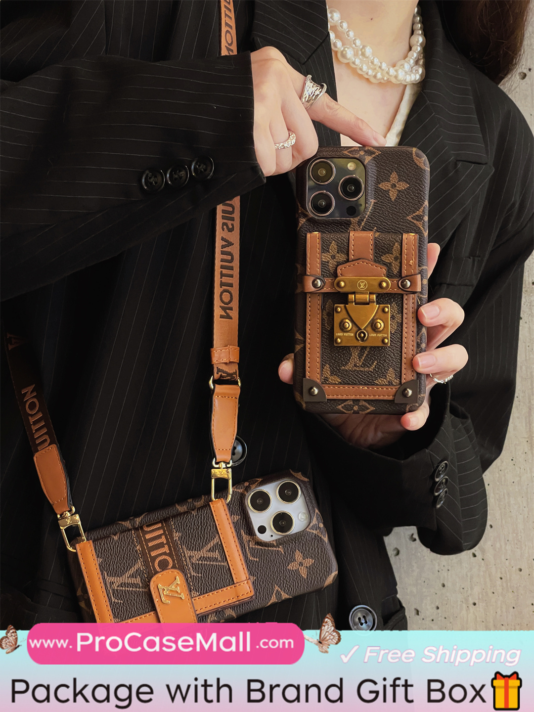 LV Canvas Leather Wallet Card Holder Crossbody Apple iPhone Case