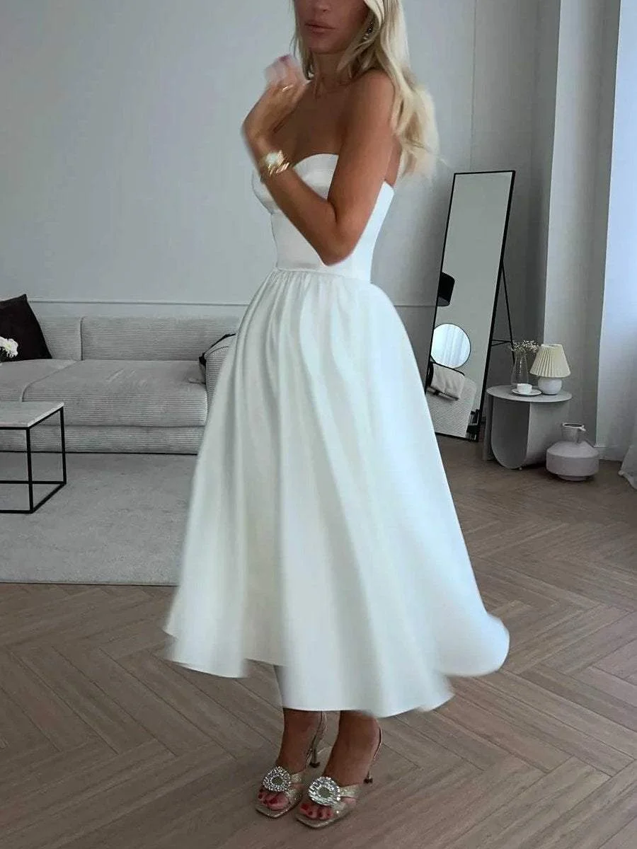 Elegant SATIN Wrap Chest Sleeveless Mid Length Evening Dress