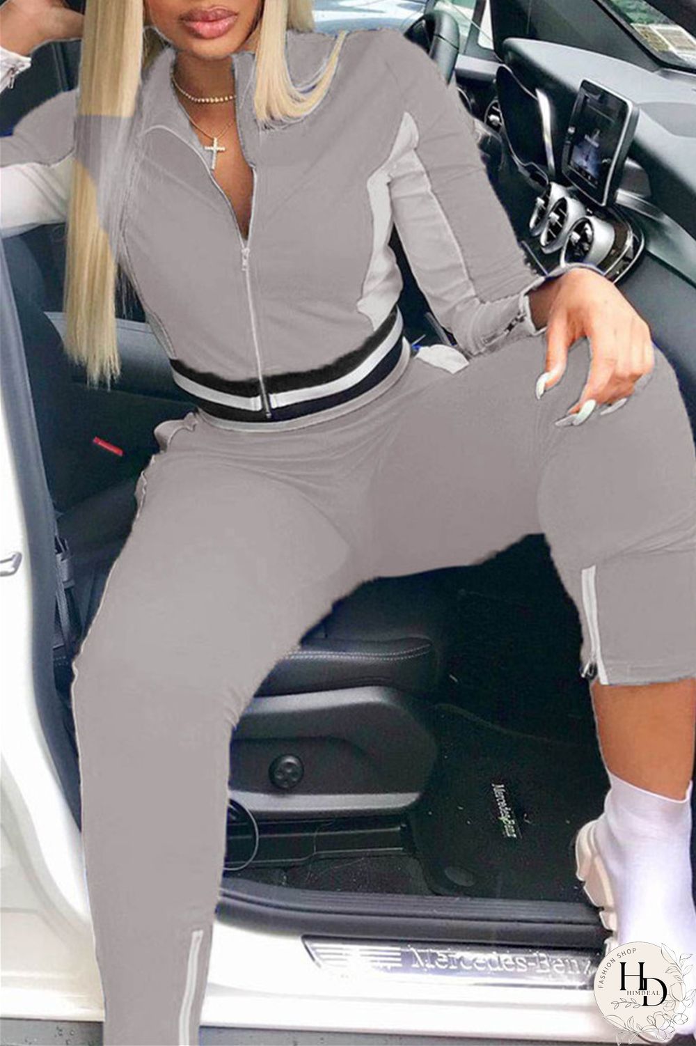Grey Fashion Casual Patchwork Basic Zipper Collar Long Sleeve Two Pieces