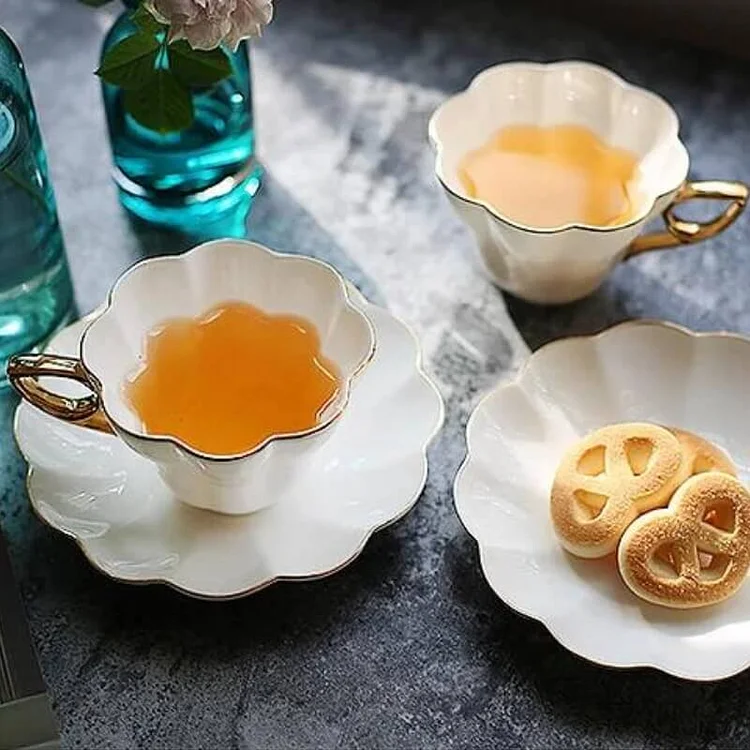 Golden Flower Shaped Ceramic Coffee Cup and Saucer