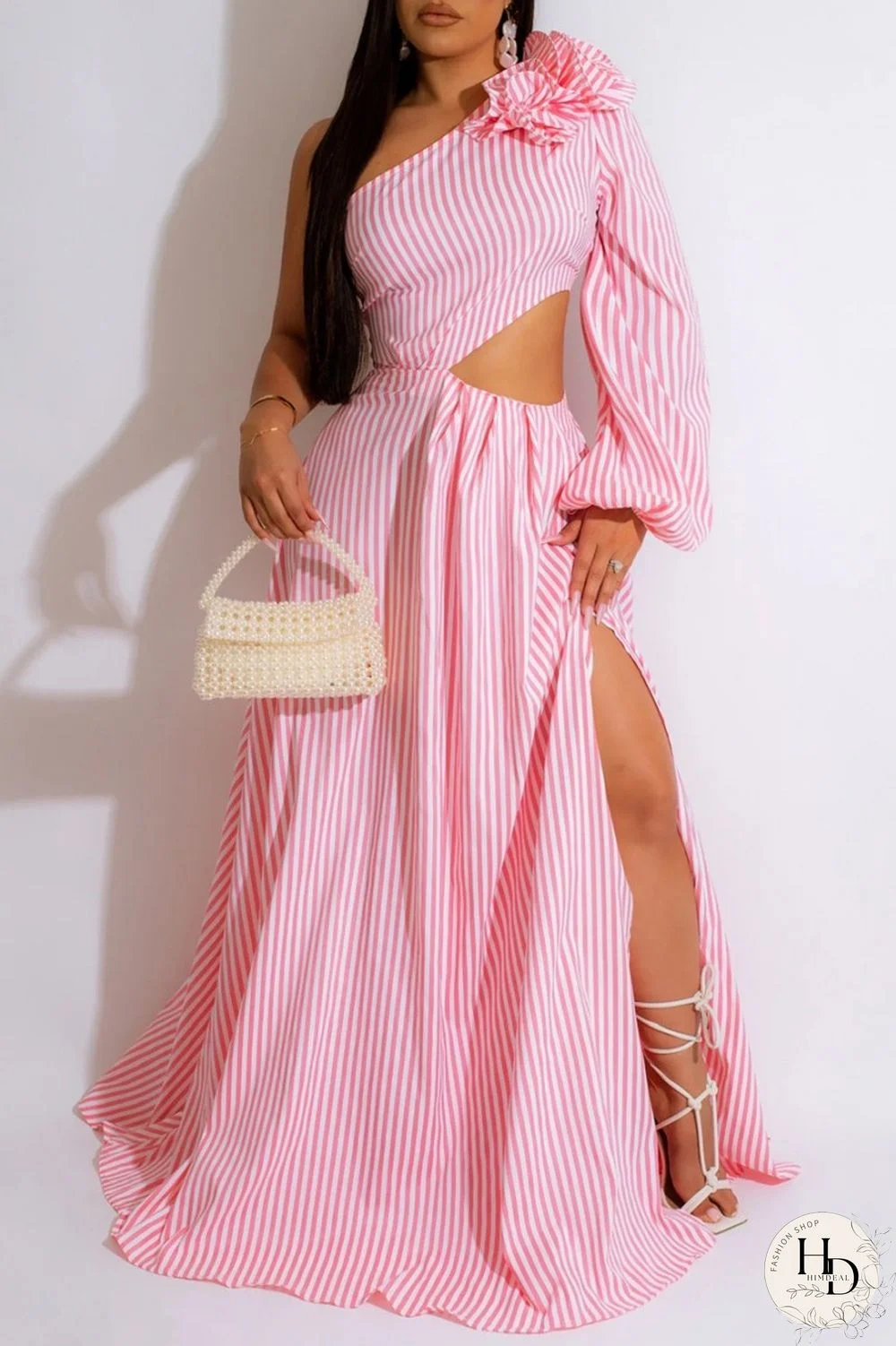 Pink Casual Striped Print Hollowed Out Backless Slit Oblique Collar Long Dress Dresses
