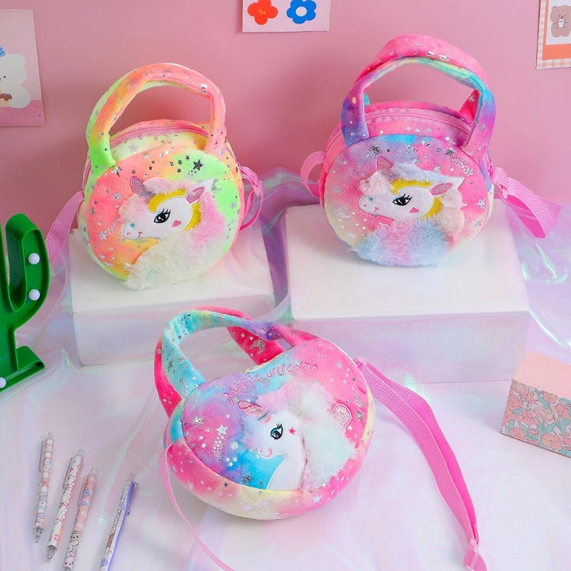 Girl’s Medium Plush Cartoon Cute Sequins Embroidery Round Heart Shape Square Zipper Handbag Crossbody Bag