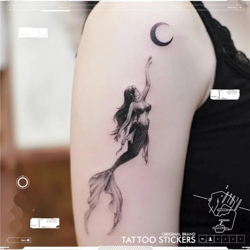 Mermaid Moon Temporary Tattoo Sexy Stickers Waterproof Fresh Cool Girl Black Body Art Fake Tattoo Flower Half Arm Tattoo Sticker