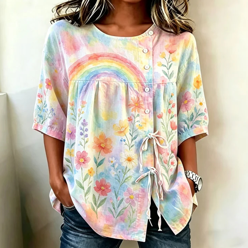 Comstylish Vintage Rainbow And Floral Art Fairy Tale Print Tie-waist Shirt