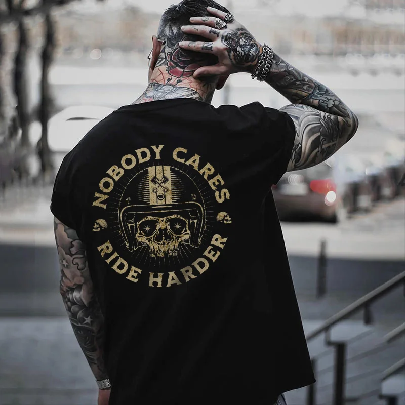 NOBODY CARES RIDE HARDER Helmet Skull Print Men's T-shirt