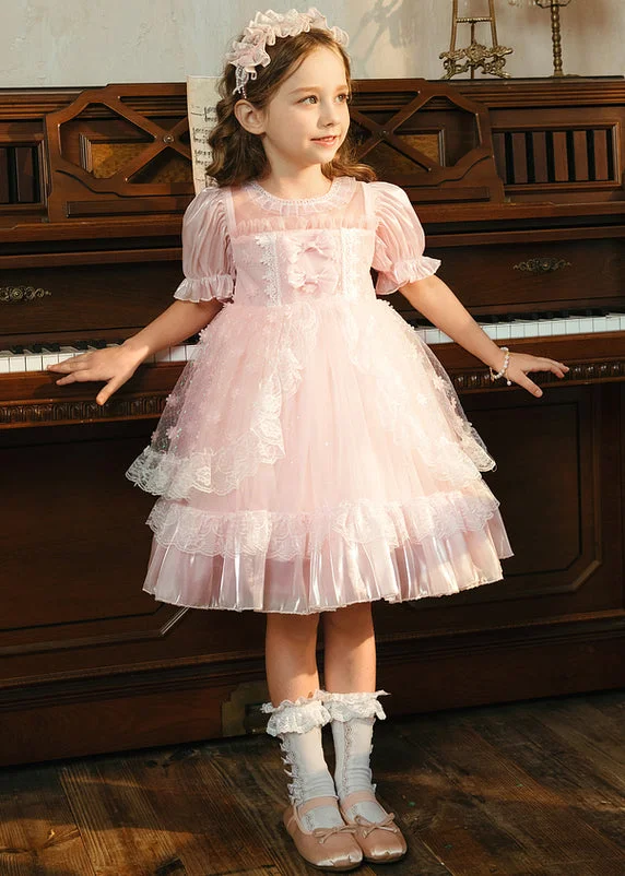 Cute Pink Ruffled Lace Patchwork Tulle Girls Princess Dresses Summer
