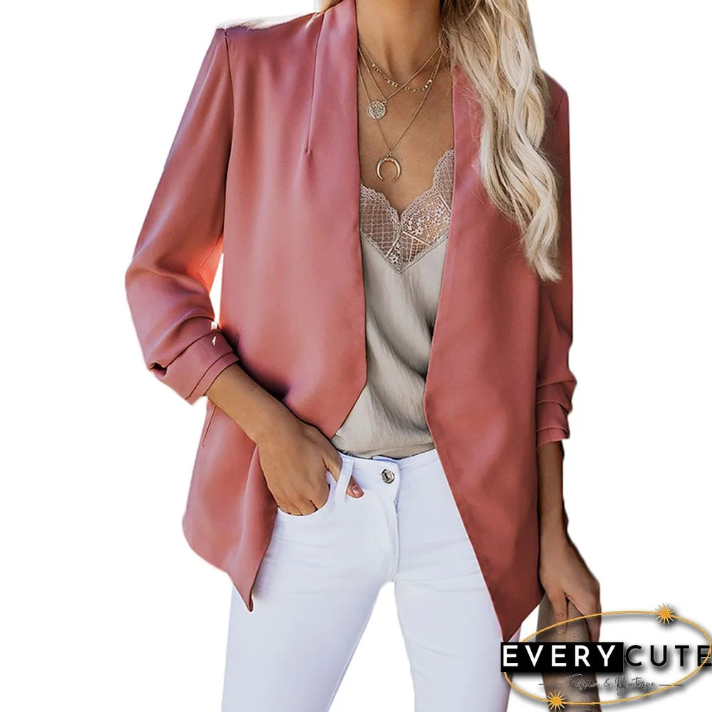 Pink 3/4 Sleeve Lightweight Blazer With Pockets