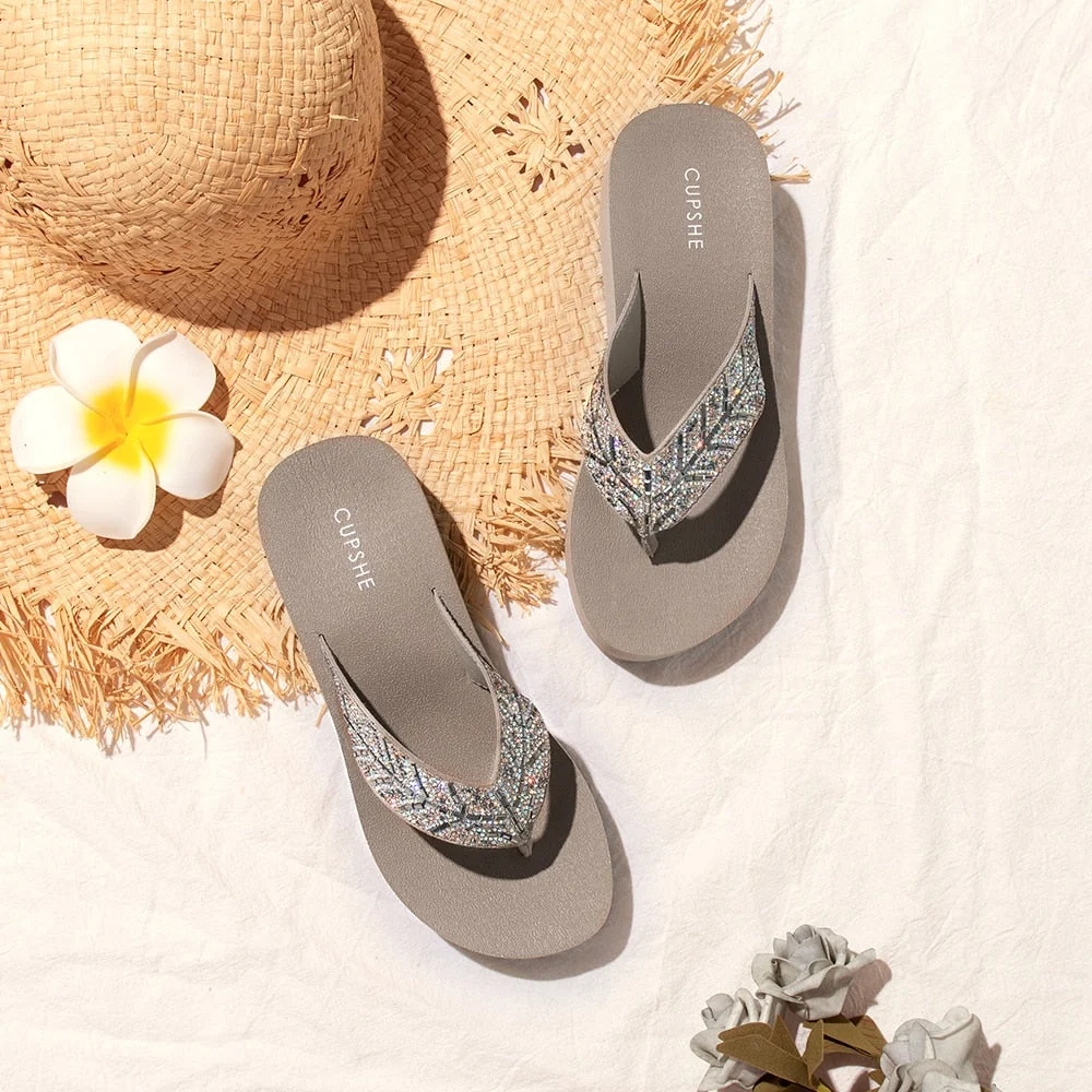 CUPSHE Khaki Rhinestone Wide Straps Sandals For Women 2022 Summer Beach Open Toe Mid Heel Flip Flop Casual Soft Sandals Shoes