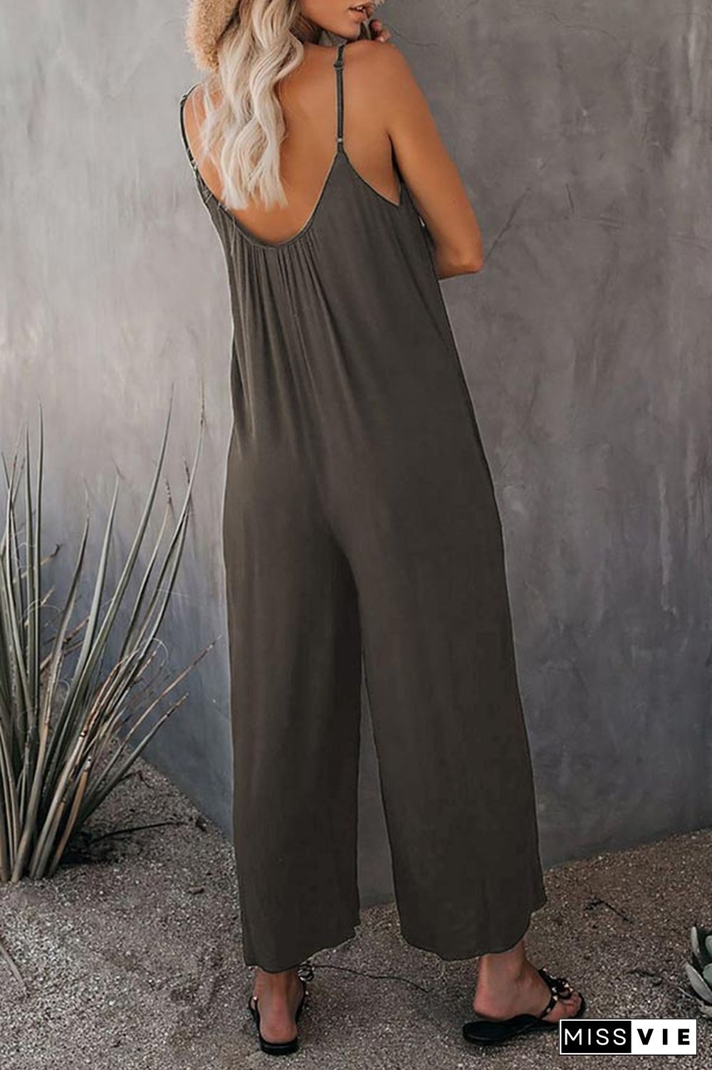 Casual Sling Solid Color Pocket Jumpsuit