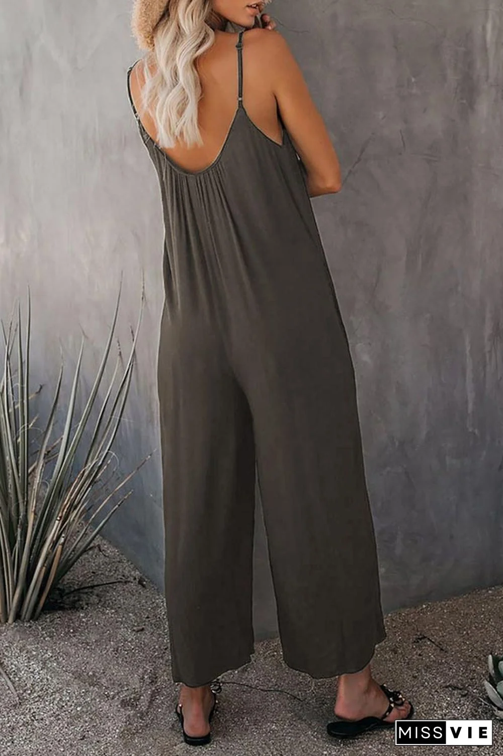 Casual Sling Solid Color Pocket Jumpsuit