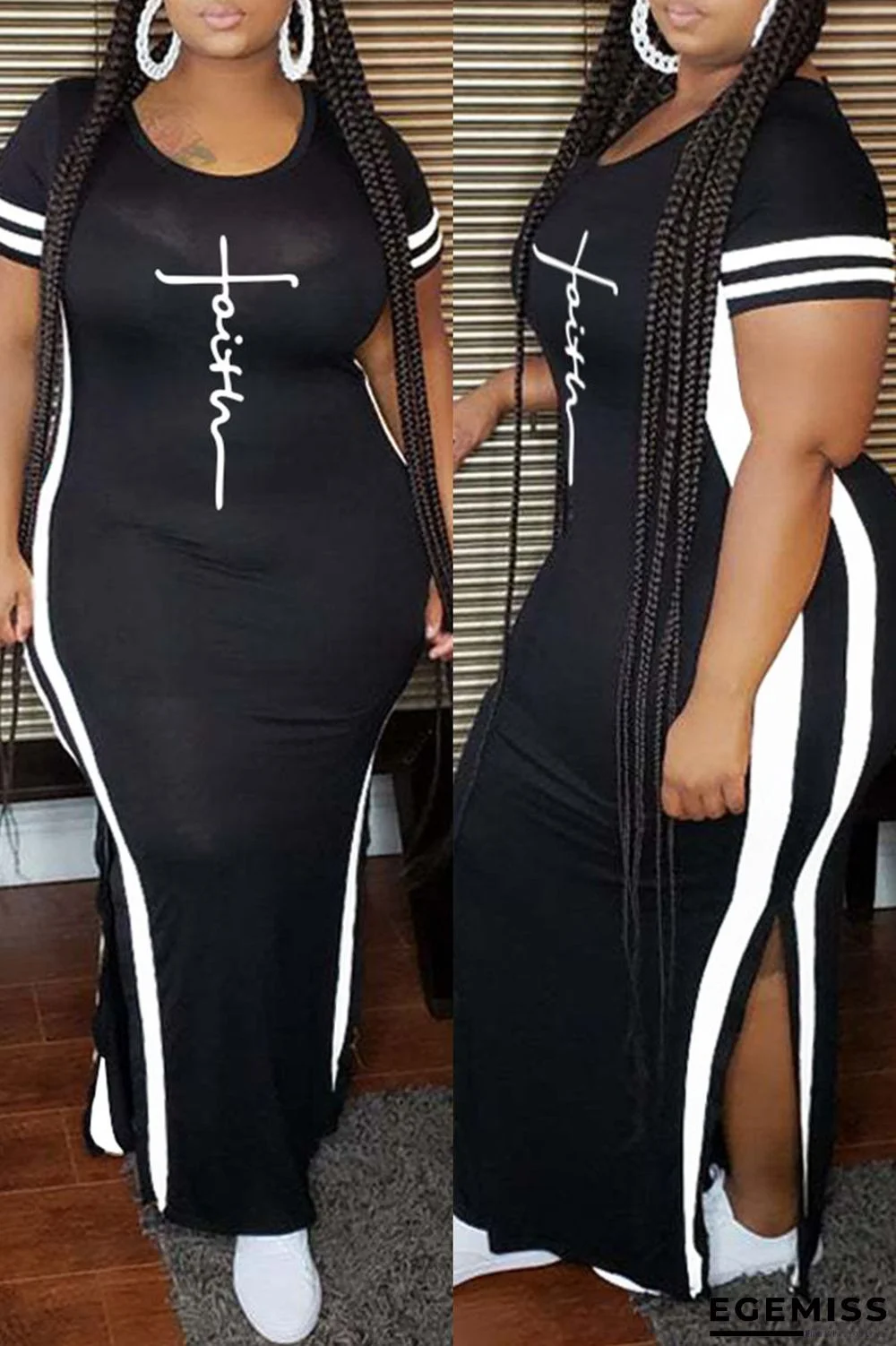 Black Fashion Casual Plus Size Print Slit O Neck Short Sleeve Dress | EGEMISS