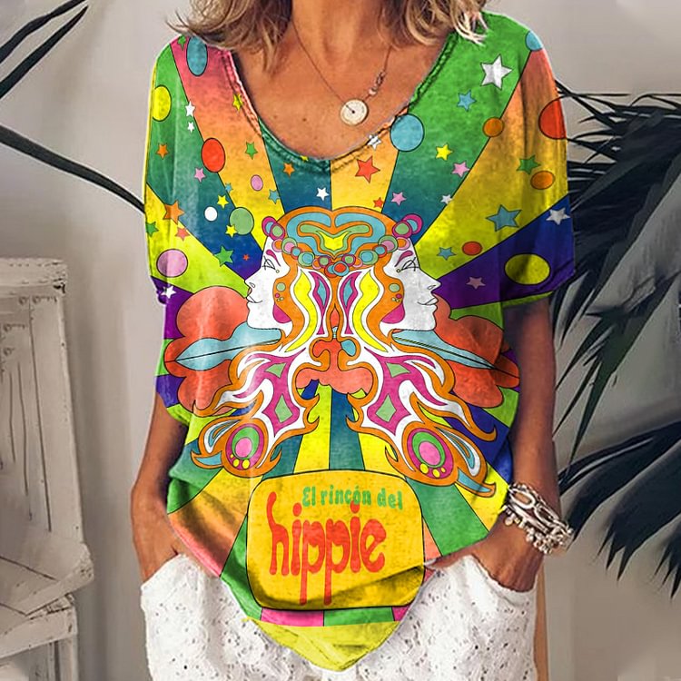 Hippie Lustige Print Kurzarm T-Shirt