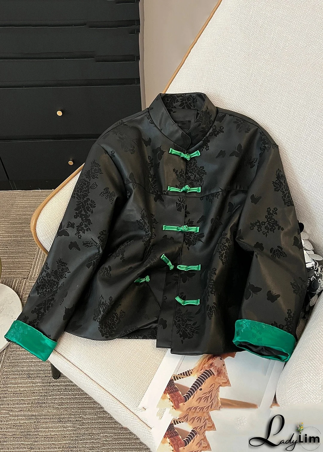 French Black Stand Collar Button Silk Coats Fall