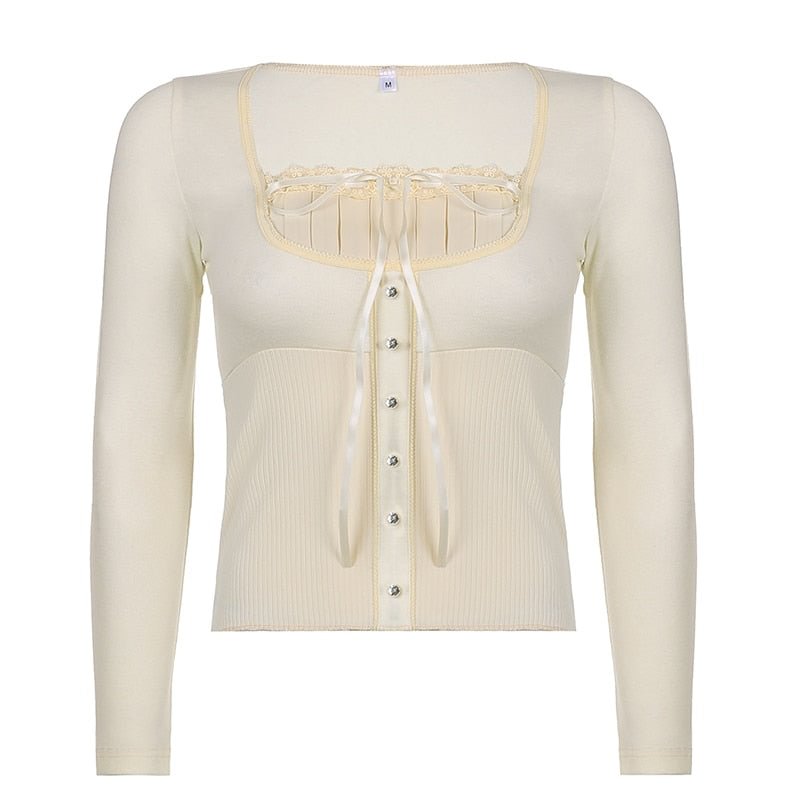 Rapcopter Y2K Sweet Cute Crop Top Lace Frill Bow Pullovers Vintage Square Collar T Shirt Women Skin Button Prepply Korean Tees