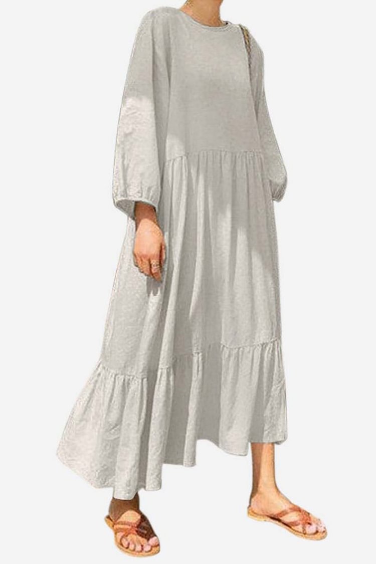 Long Bell Sleeve Round Neck Tiered Pleated Hem Casual Linen Maxi Dress