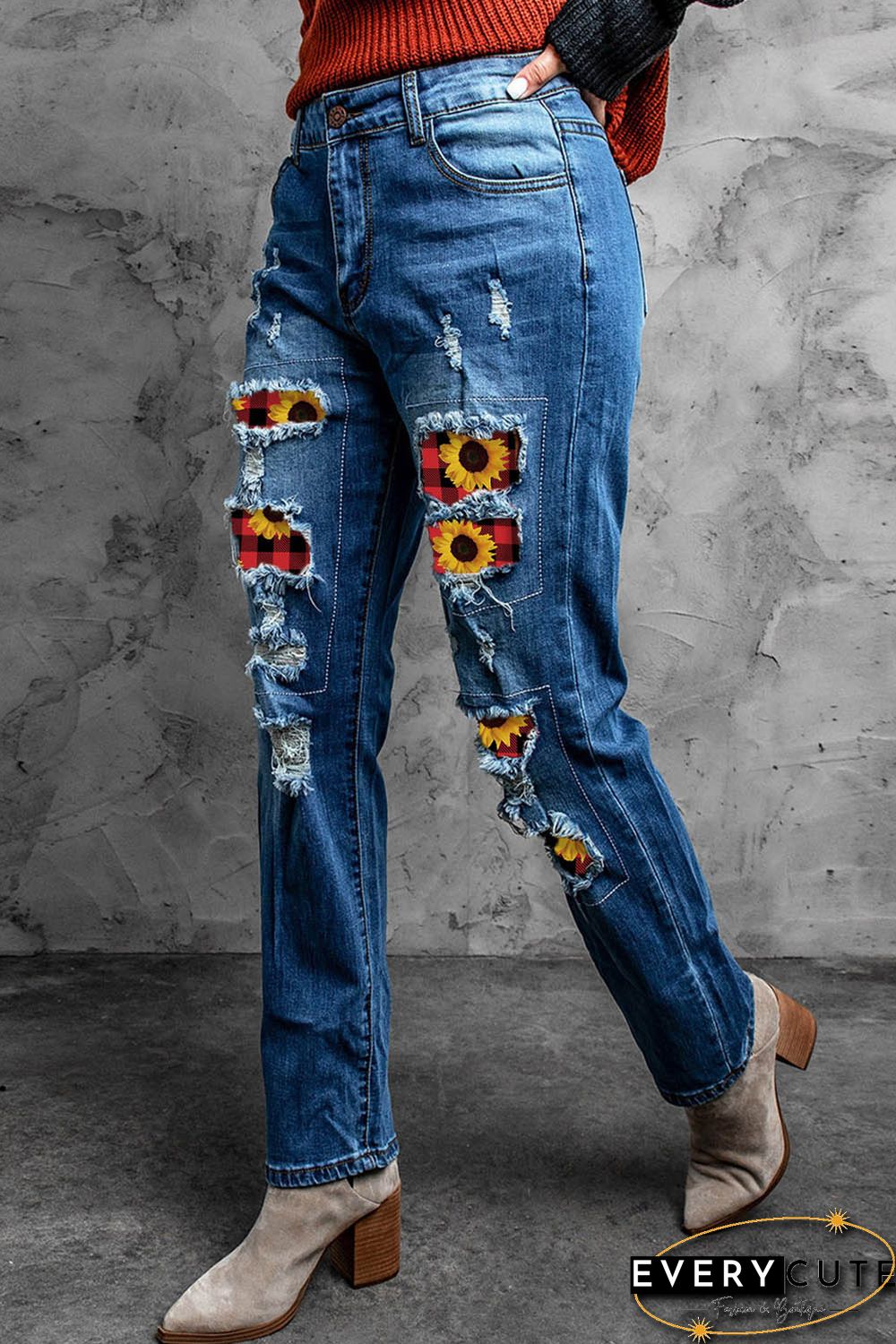 Sunflower Plaid Patch Ripped Boyfriend Jeans