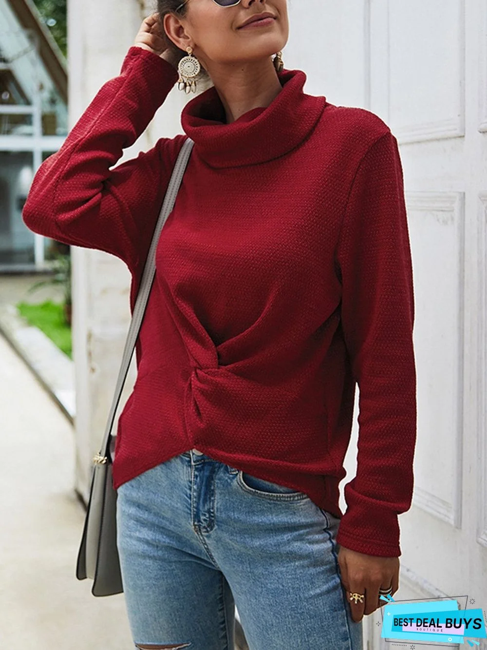 Knitted Cowl Neck Long Sleeve Casual Sweater