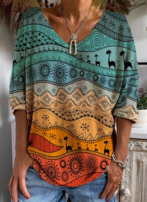 Women's V-Neck Fashion Patchwork Printed Long Sleeve Top