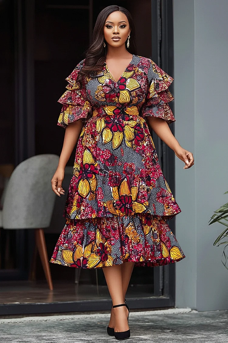 Xpluswear Design Plus Size Daily Multicolor African Print V Neck Short Sleeve Ruffle Pocket Midi Dresses [Pre-Order] 2024 - Xpluswear