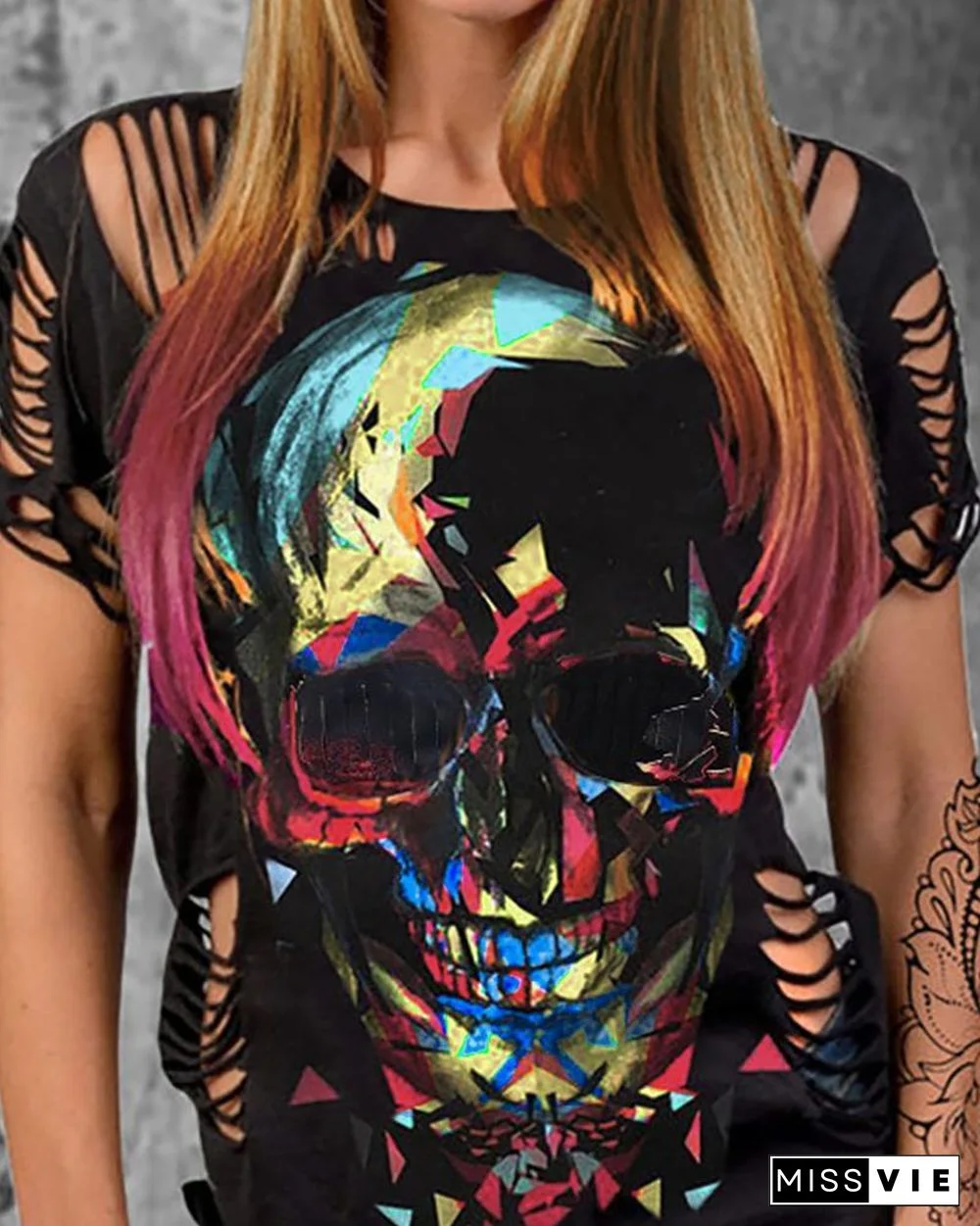 Skull Print Colorblock Cutout T-shirt P14821