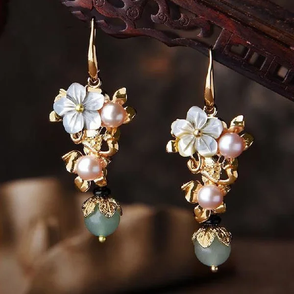 Vintage Freshwater Pearl Stone Bead Dangle Earrings Fashion Jewelry Drop Shell Flower Earrings