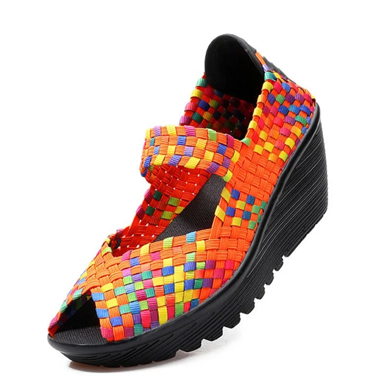 TINO KINO Women Weave Peep Toe Wedge Pumps Ladies Slip On Fashion Platform Mixed Color Casual Increasing Shoes Plus Size