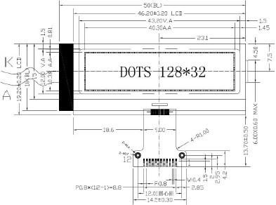 12PIN Backlight COG 12832 LCD 3.3V   Characteristic 1 Structure: welding type FPC. 2 IC: ST7567, powerful function, good stability 3 Low power consumption: 1 - 100mW (not backlight is 10mA, backlight is not more than 100mW) 4 Display content: (1) 128*32 dot matrix monochrome image; (2) 16*16 dot matrix or other lattice images from series Chinese characters, according to the 16*16 dot matrix Chinese characters to calculate display 8 word / line *2 line. According to 12*12 dot matrix Chinese characters to calculate display 10 words / line *2 line 6 Interface: 4 line SPI serial interface 7 Working temperature: -10 - 60 degrees 8 Color: backlight 9 Working voltage: 3.0V 10 Working current: 40-100mA (5 LED) 11 Lifetime: 50000 hours (25 degree)