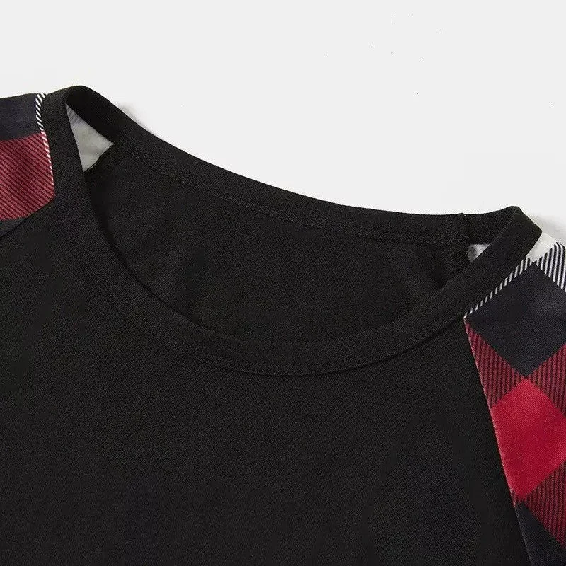 Family Christmas Shirts Christmas Tree Animal Kingdom Animal Kingdom Patterned and 'ROCKIN AROUND THE CHRISTMAS TREE' Letter Print Contrast Tops and Red & Black & White Plaid Pants Family Matching Pajamas Set With Dog Bandana