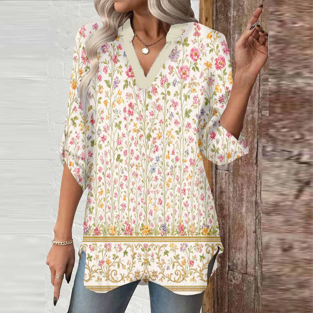 Women Floral,Red,Beige DZGA0251 3/4 Sleeve V-neck Printed Graphic Button Tops