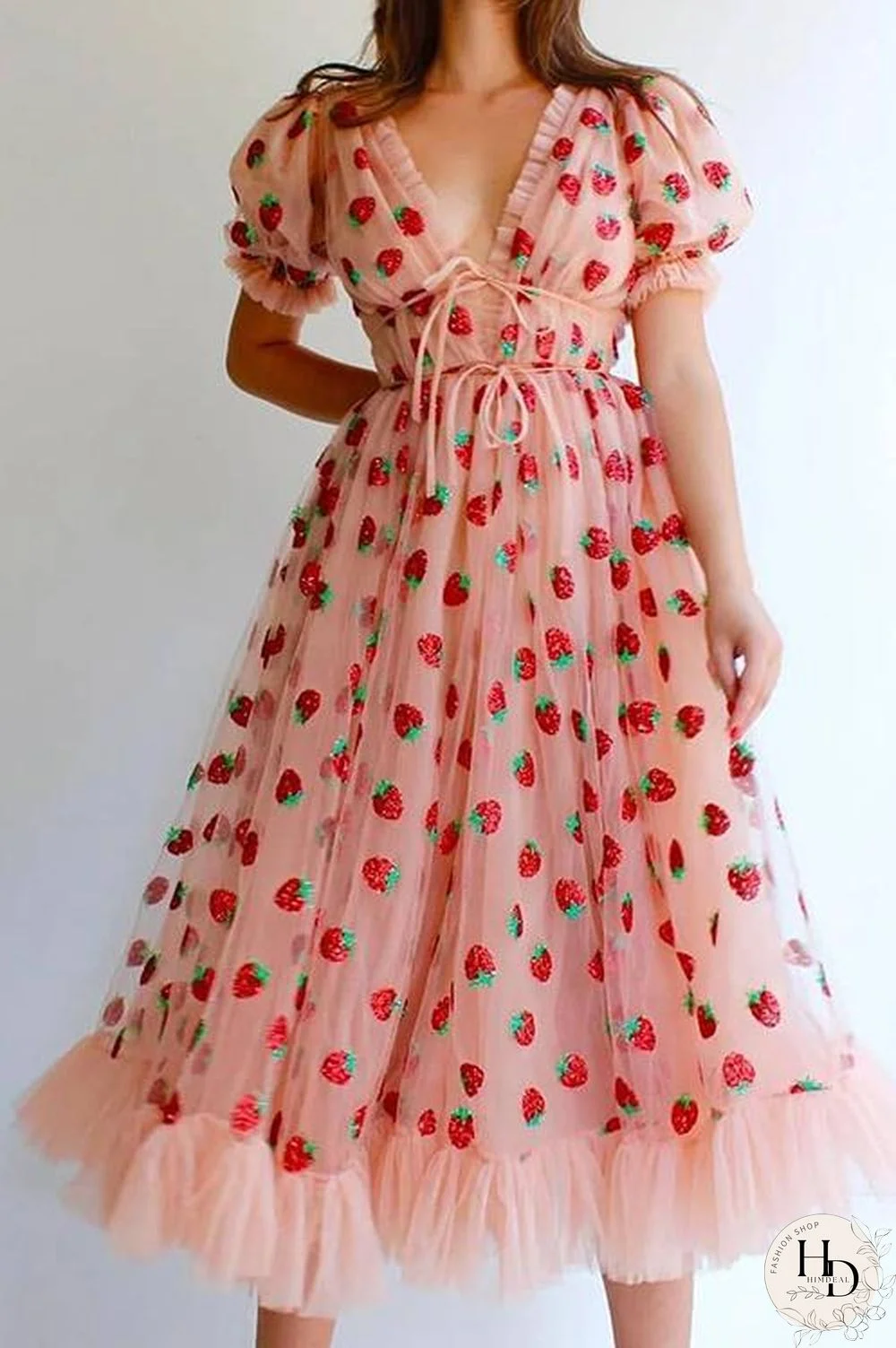 Sequin Strawberry Short Sleeve Ruffles Midi Dress