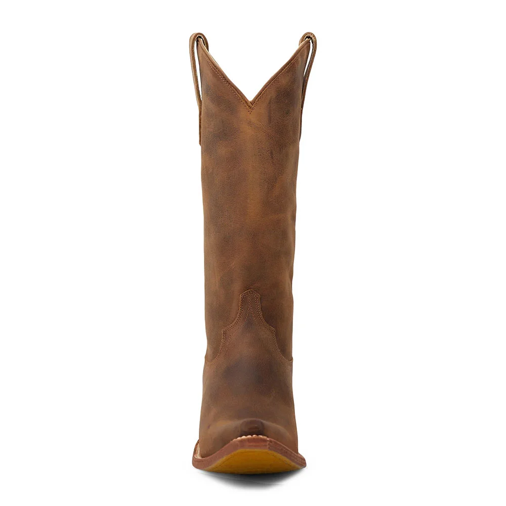 YDN Brown Snip Toe Mid Calf Western Boots for Women with Chunky Heel