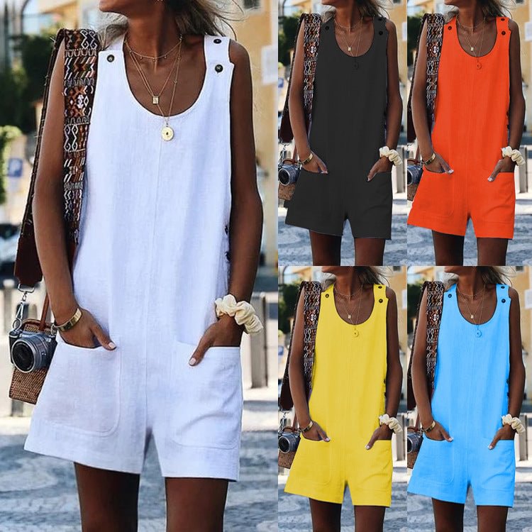 Summer Women's Pocket Button Cotton And Linen Suspender One-piece Culotte Slip Dresses