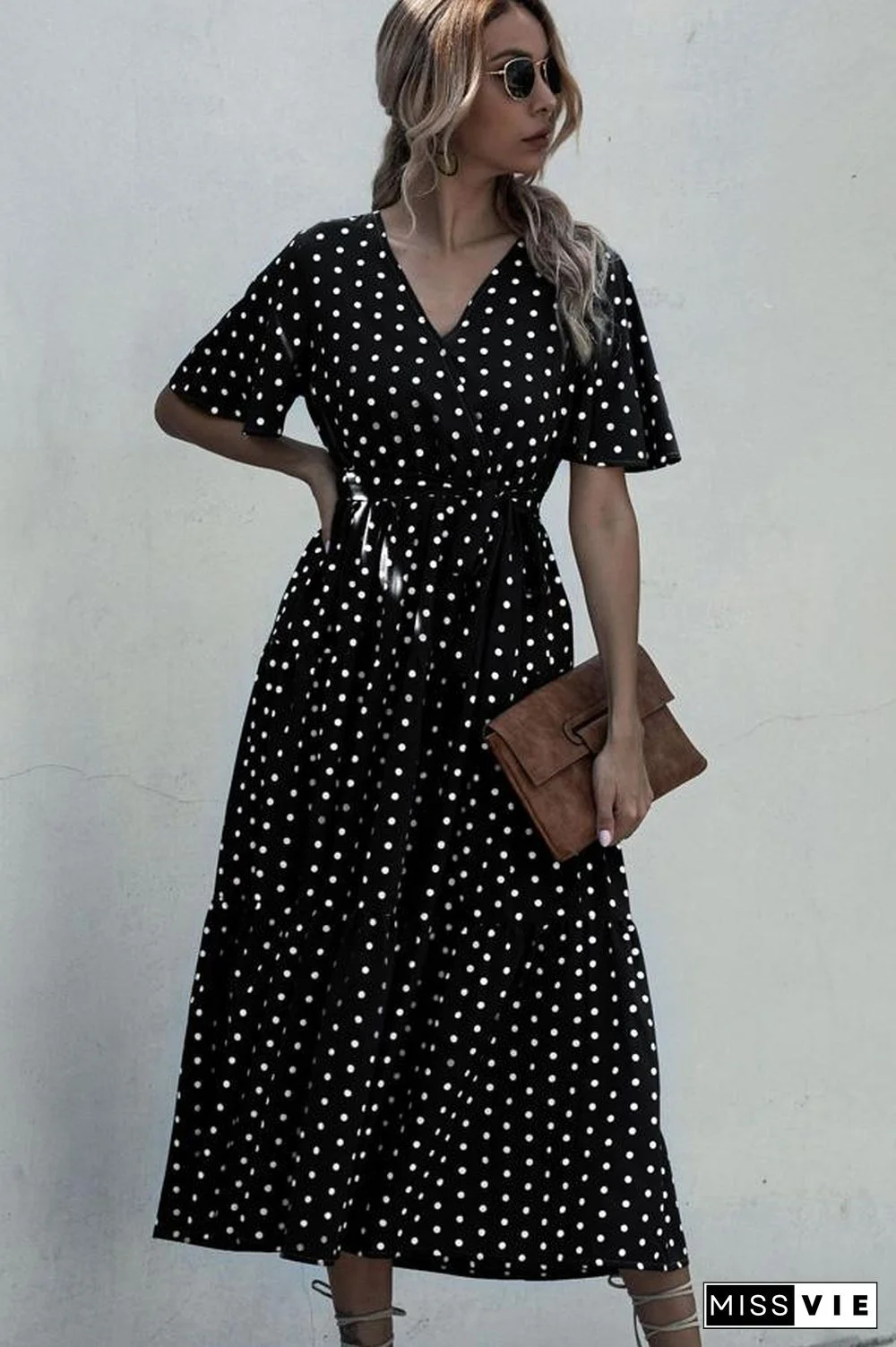 Short Sleeve Dots Print V Neck Maxi Dress