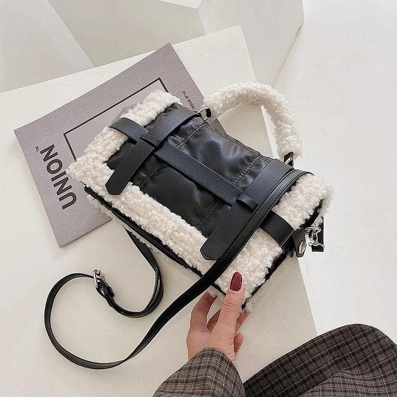 Elegant Female Plush Tote bag 2021 New High quality PU Leather Women's Designer Handbag Contrast color Shoulder Messenger Bag