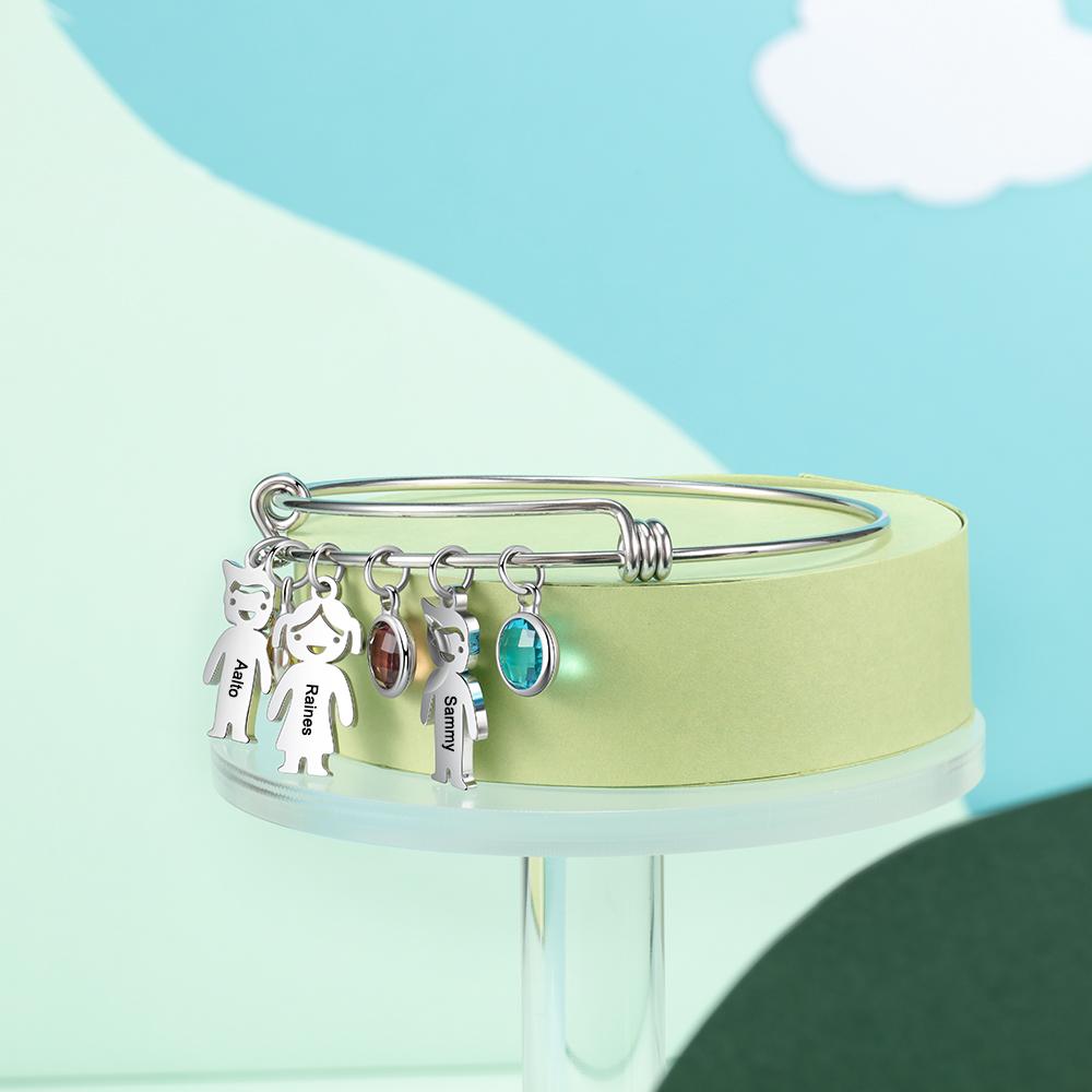 Women Bangle Bracelet with Kids Charms 3 Birthstones Engraved 3 Names Rose Box Set
