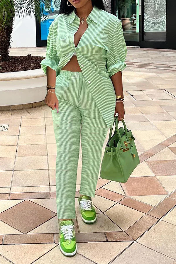 Striped Bright Shirt Collar Pant Suit