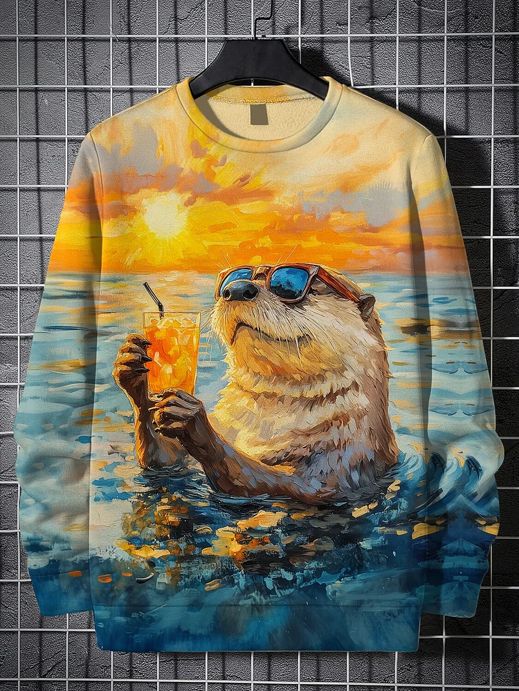Men's Otter Drinking Cocktail Sunset Seascape Oil Painting Print Casual Sweatshirt