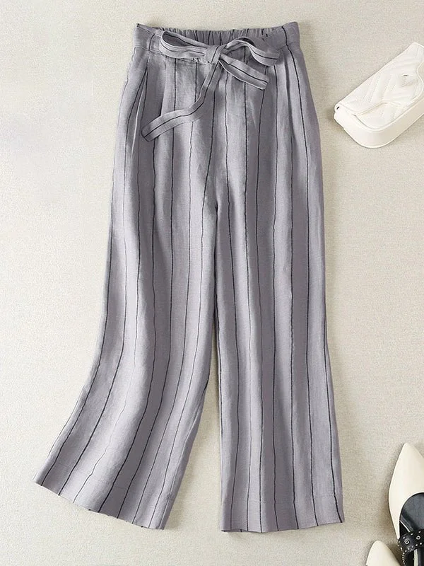 Striped Thin 100% Linen Loose Casual Pants