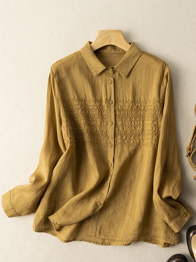 Loose Vintage Embroidered Long-Sleeved Ramie Shirt