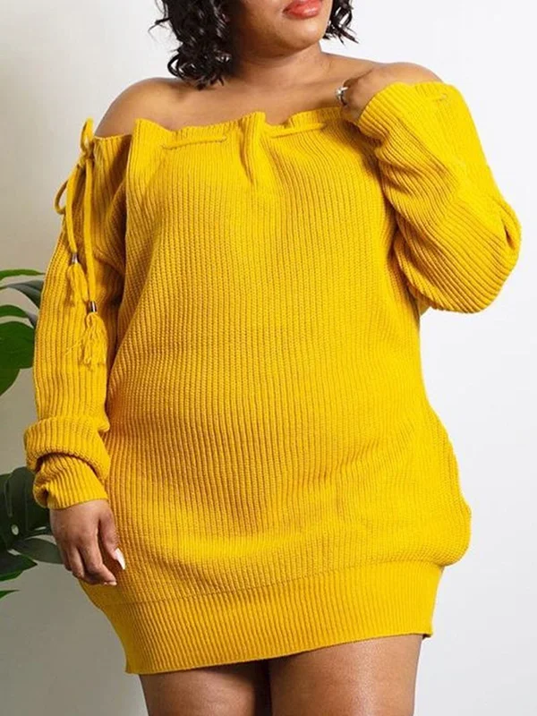 Off-The-Shoulder Long Sleeve Drawstring Loose Yellow Casual Mini Dress