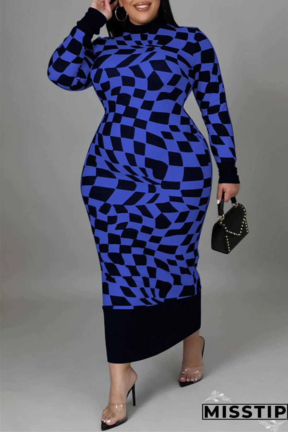 Yellow Casual Plaid Print Patchwork Half A Turtleneck Long Sleeve Plus Size Dresses