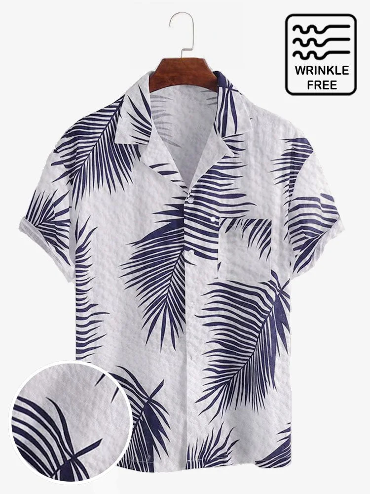 Men's Palm Leaf Print Wrinkle Free Short Sleeve Hawaiian Shirt