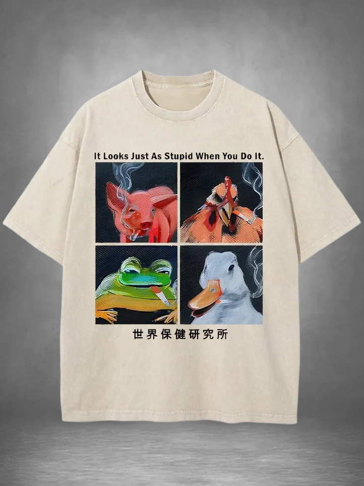Men's Tokyo-Tiger Smoking Animals Funny Washed T-Shirt
