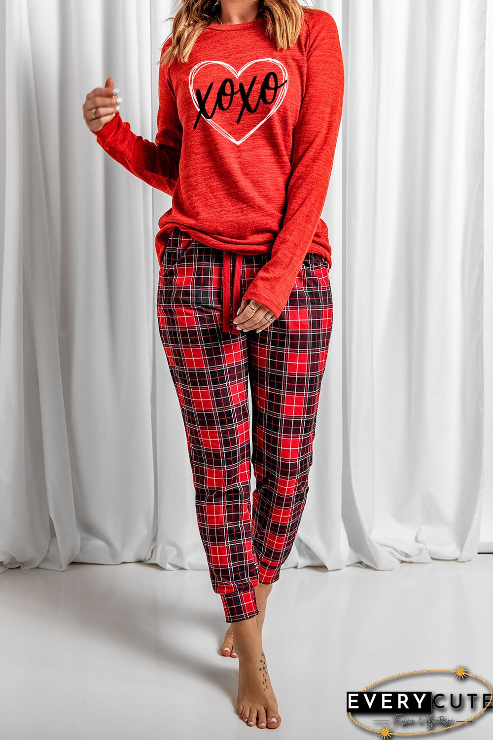 Red XOXO Heart Shaped Print Top and Plaid Pants Lounge Wear
