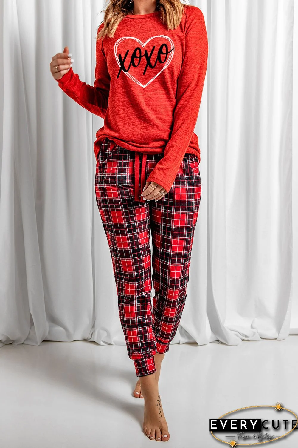 Red XOXO Heart Shaped Print Top and Plaid Pants Lounge Wear