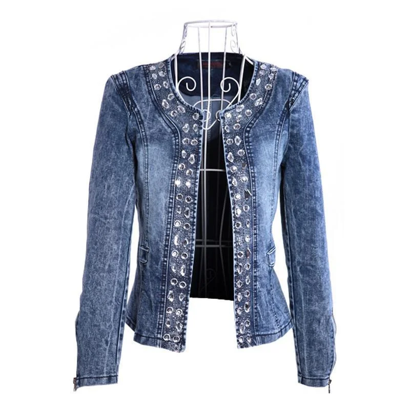 2021 New Arrival Autumn Denim Jackets Vintage Diamonds Casual Coat Women's Denim Jacket For Outerwear Jeans Jacket Women Ropa