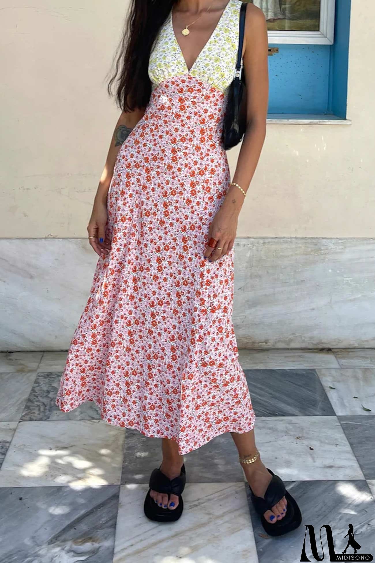 MidiSono - Contrast V Neck Floral Print Tie-back Dress