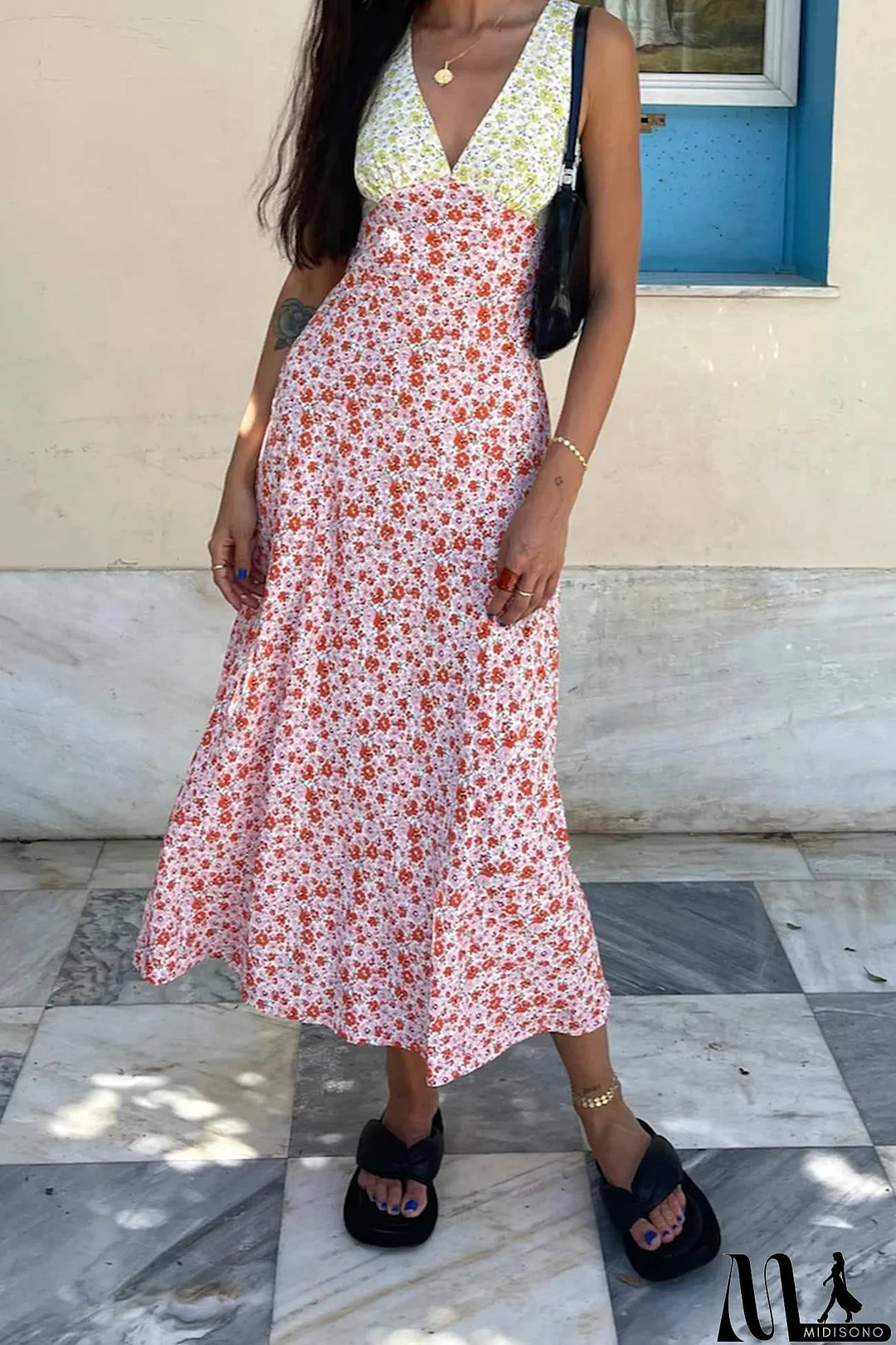 MidiSono - Contrast V Neck Floral Print Tie-back Dress