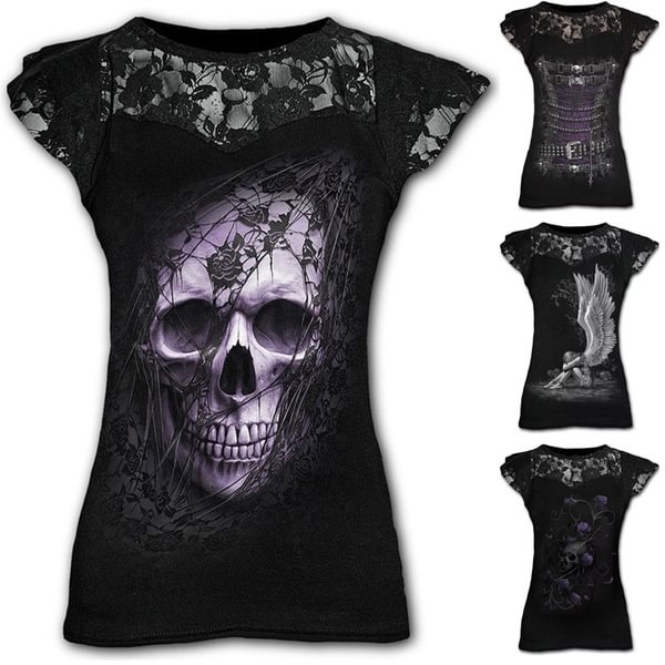 Women Fashion Gothic Style Short Sleeve Skull Lace Tops Shirts Plus Size - Life is Beautiful for You - SheChoic